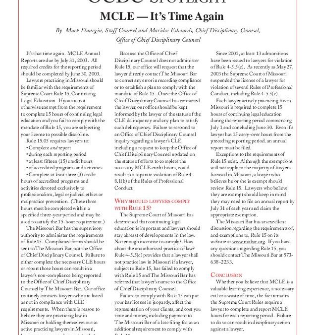 July 2003 – MCLE — It’s Time Again