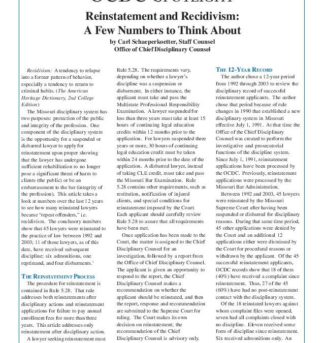 May 2005 – Reinstatement and Recidivism: A Few Numbers to Think About