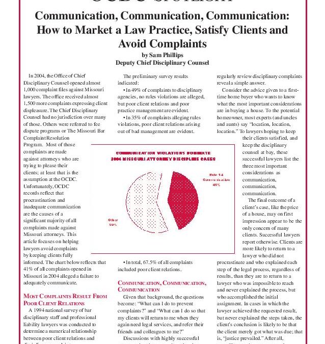 Nov 2005 – Communication, Communication, Communication: How to Market a Law Practice, Satisfy Clients and Avoid Complaints