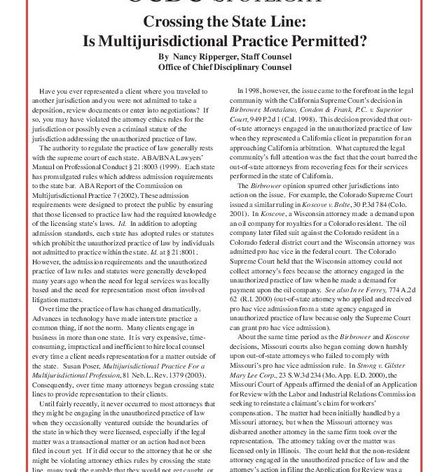 Nov 2006 – Crossing the State Line: Is Multijurisdictional Practice Permitted?