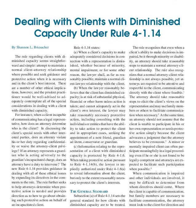 Nov 2007 – Dealing with Clients with Diminished Capacity Under Rule 4-1.14