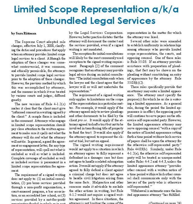 Aug 2008 – Limited Scope Representation a/k/a Unbundled Legal Services – August 2008