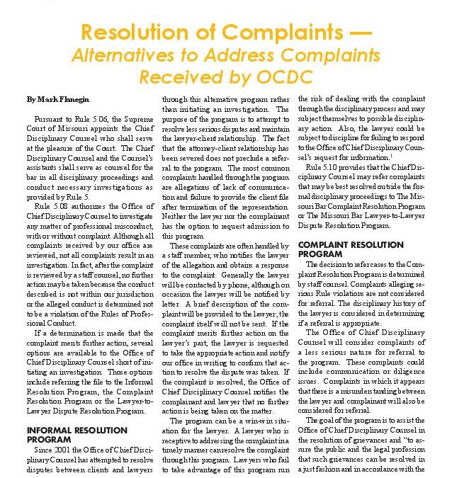 May 2008 – Resolution of Complaints — Alternatives to Address Complaints Received by OCDC