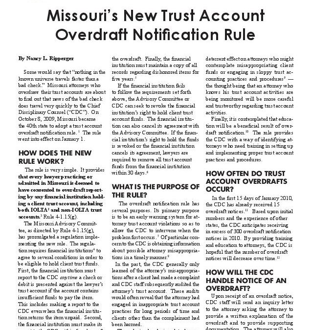 February 2010 – Missouri´s New Trust Account Overdraft Notification Rule