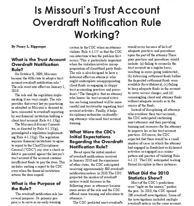 August 2011 – Is Missouri´s Trust Account Overdraft Notification Rule Working?