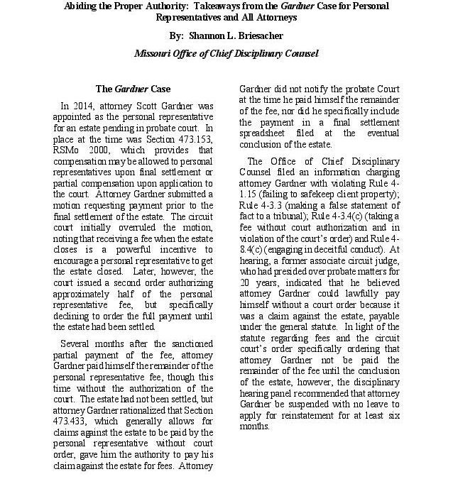 May 2019 – Abiding the Proper Authority: Takeaways from the Gardner Case for Personal Representatives and All Attorneys