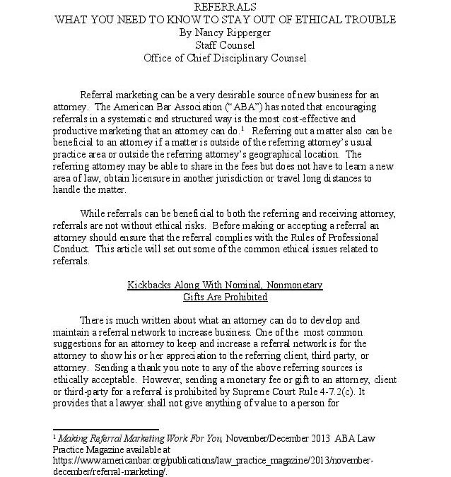 January 2019 – Referrals: What you need to know to stay out of ethical trouble